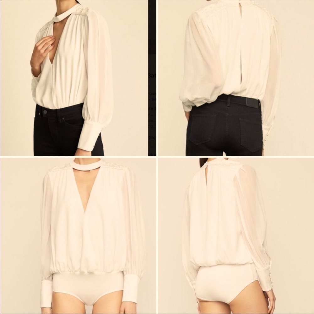 $298 NWT BCBGMAXAZRIA EMBELLISHED LONG SLEEVE FAUX WRAP BODYSUIT GARDENIA SZ 06
